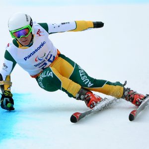 An image of Mitchell Gourley in action while skiing