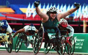 louise sauvage celebrating after a race