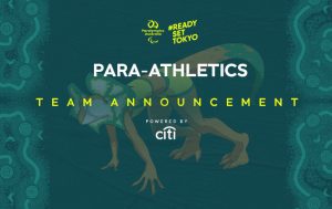 Image featuring a dark green background with the Australian Paralympic Team mascot, Lizzie the Frilled Neck Lizard, crouched down ready to race off an athletics starting block. At the top of the image in the middle is the Paralympics Australia logo with the words #ReadySetTokyo in gold to its right. Below this is the text: Para-Athletics Team Announcement powered by Citi.