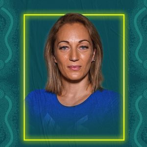 Image containing a dark green background with a yellow border. In the middle is a headshot of Australian para-athlete Eliza Ault-Connell looking straight at the camera. She is wearing a blue t-shirt.