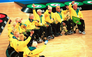 Australia's wheelchair rugby team, the Steelers smiling and celebrating with their silver medal