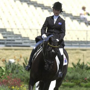 Para-equestrian rider Julie Higgins with a gold medal at the Sydney 2000 Paralympic Games