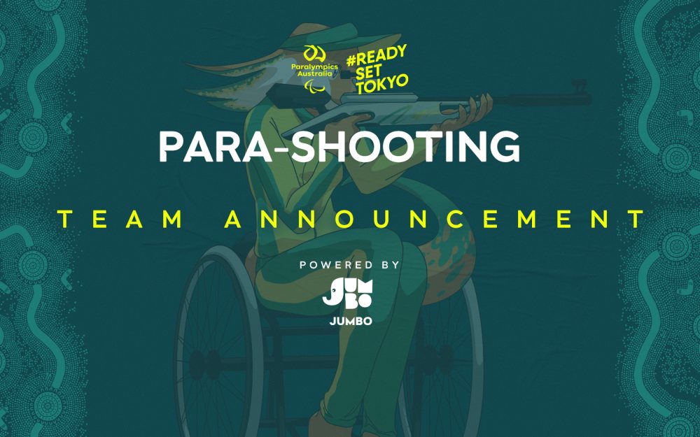 A dark green background with the Australian Paralympic Team mascot, Lizzie the Frilled Neck Lizard, sitting in a wheelchair and aiming a gun at a shooting target. At the top of the image in the middle is the Paralympics Australia logo with the words #ReadySetTokyo in gold to its right. Below this is the text: Para-shooting Team Announcement powered by Jumbo.