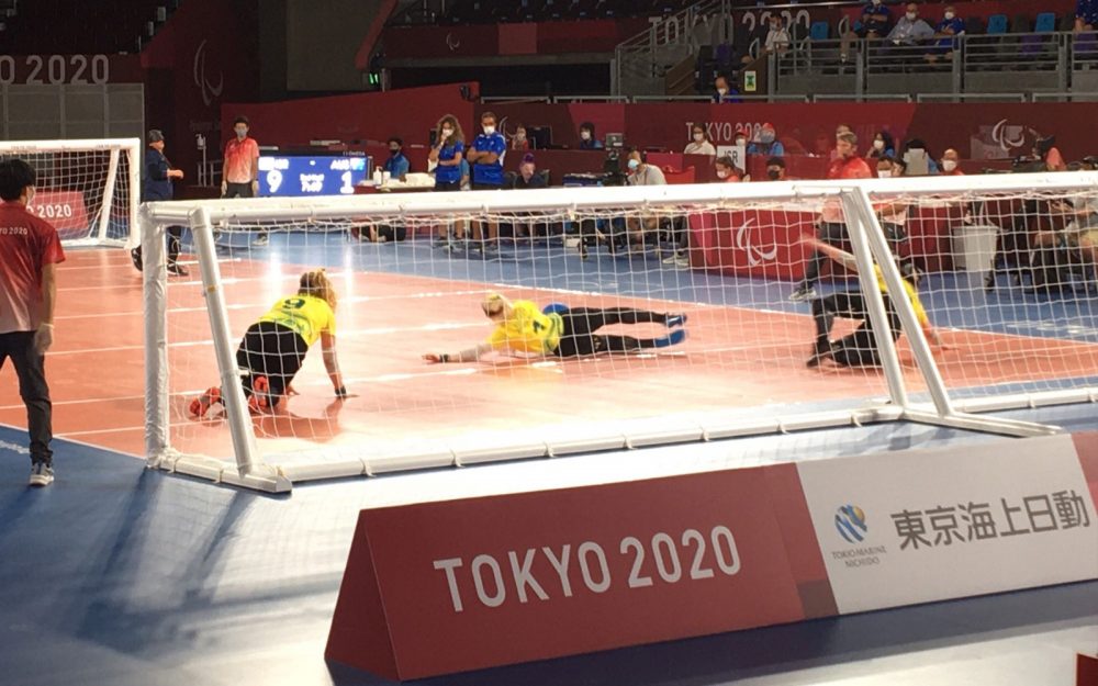 Female goalball players competing against Israel in Tokyo