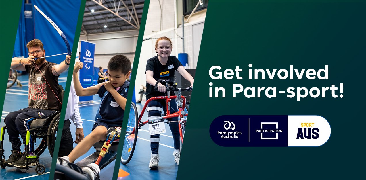 A dark green background with images of three Come & Try Day participants and text reading: Get involved in Para-sport!