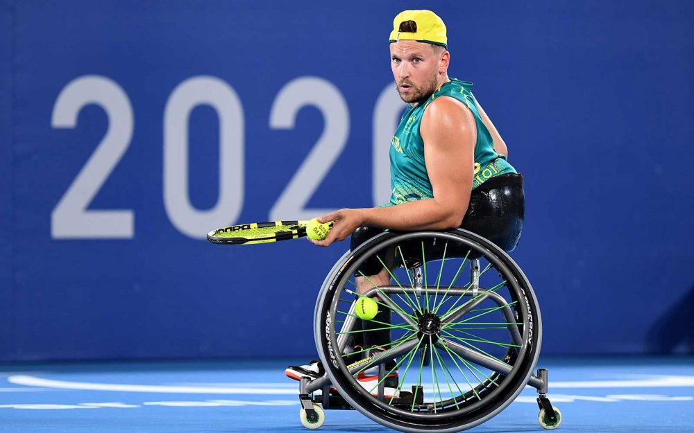 Australian wheelchair tennis player Dylan Alcott getting ready to serve