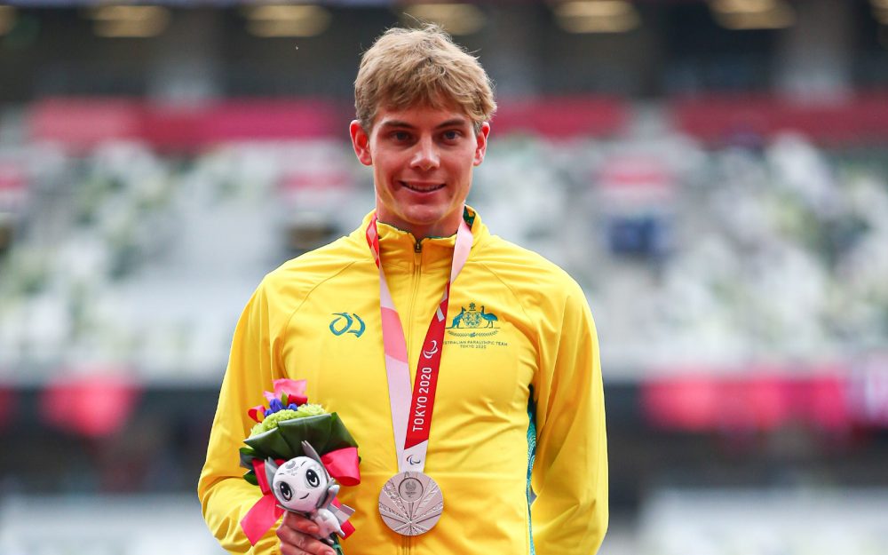 Australian Paralympian James Turner receives his silver medal at the Tokyo 2020 Paralympic Games
