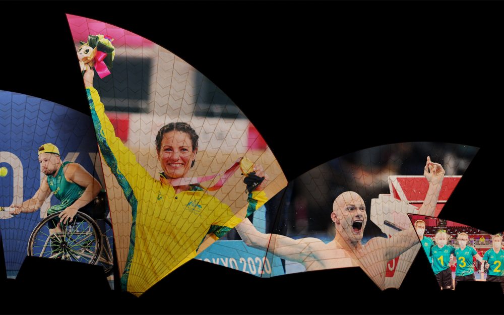 Sydney Opera House sails showing projections of Australian Paralympian