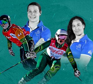 A dark green background with headshots and action shots of Australian Paralympians Ben Tudhope and Melissa Perrine