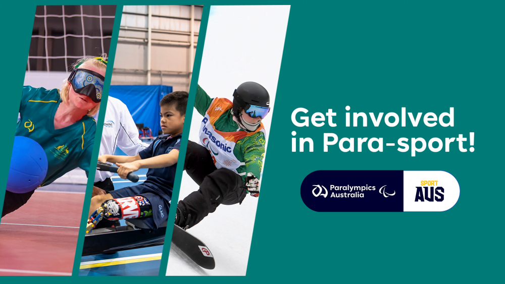A green background with three images of Australian Paralympians and Come & Try Day participants and text reading: Get involved in Para-sport!