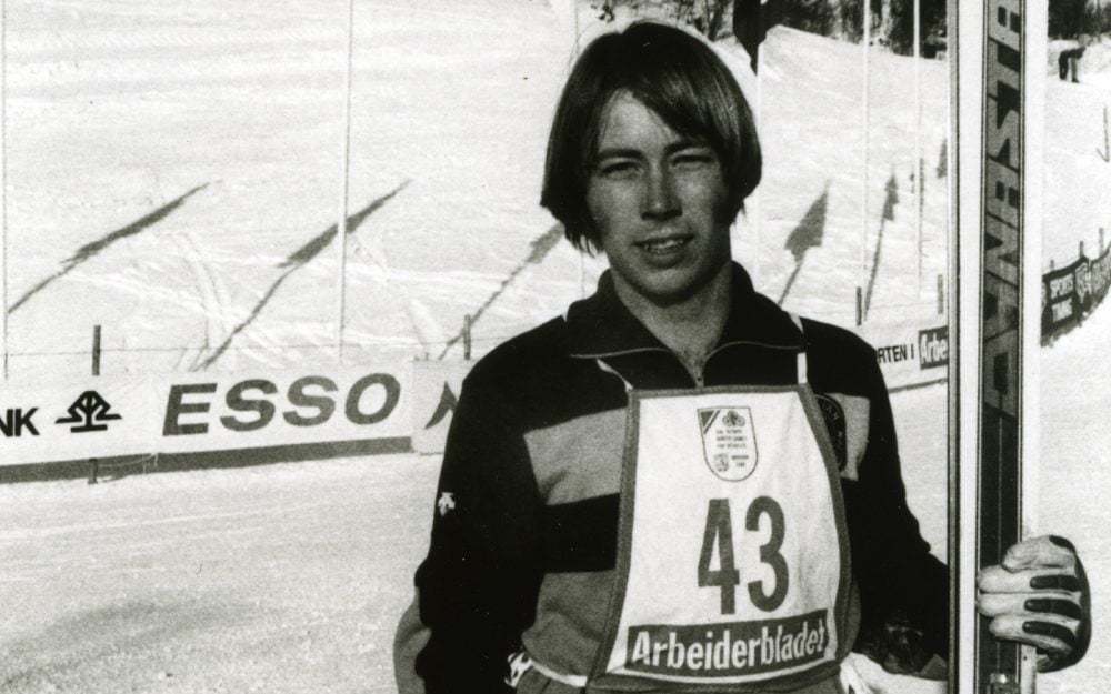Black and white photo of Australian Paralympian Krrya Grunnsund holding a ski