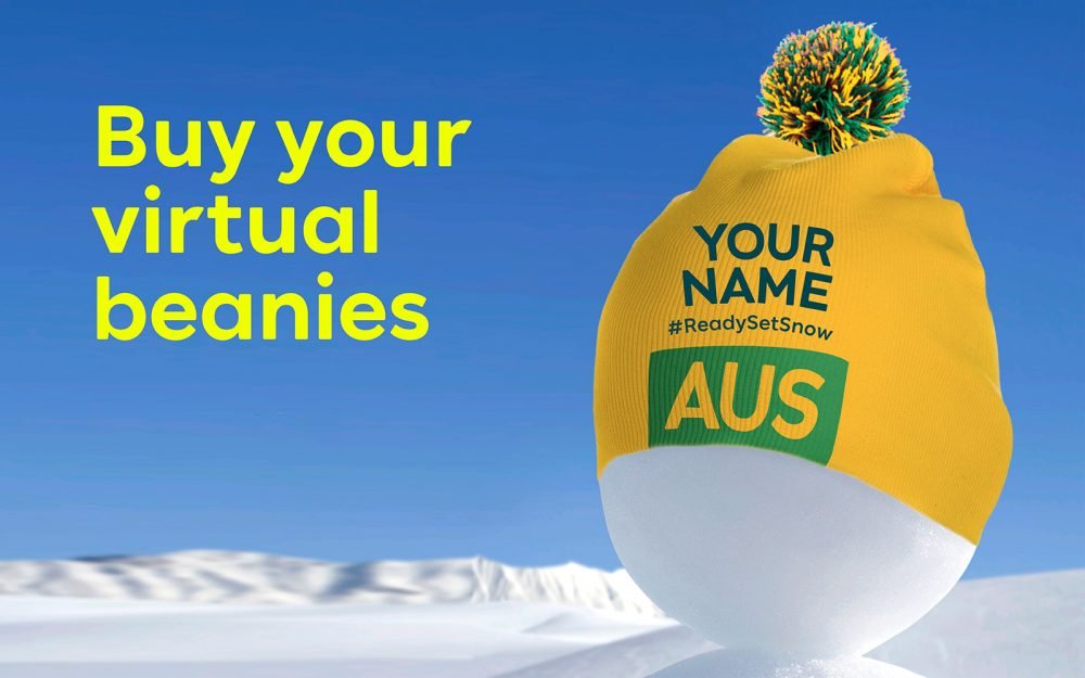 On the right of the image is a gold beanie with a green and gold pom pom on the top. On the front of the beanie are the words "your name" and AUS. To the left of the beanie, the text reads: buy you virtual beanies.