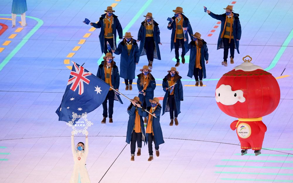 A group of Australian athletes march into the Beijing 2022 Paralympic Winter Games Opening Ceremony