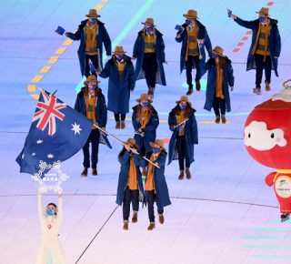 A group of Australian athletes march into the Beijing 2022 Paralympic Winter Games Opening Ceremony