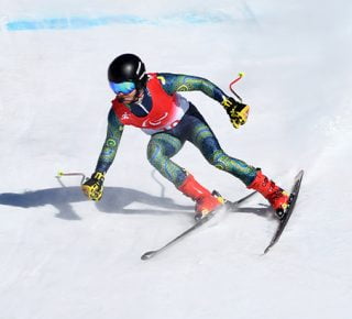 Australian Paralympian Patrick Jensen skiing at the Beijing 2022 Paralympic Winter Games.