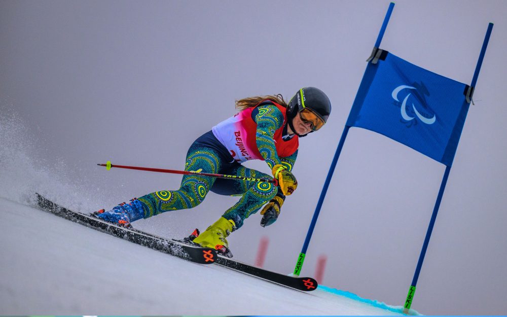 Australian Paralympian Rae Anderson skiing at Beijing 2022