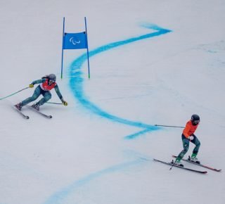 Australian Paralympian Melissa Perrine and guide Bobbi Kelly competing in the Giant Slalom at Beijing 2022