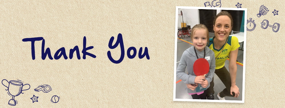 Text on the left of the image reads: Thank you. On the right is an image of a young person with Australian Paralympian Ellie Cole