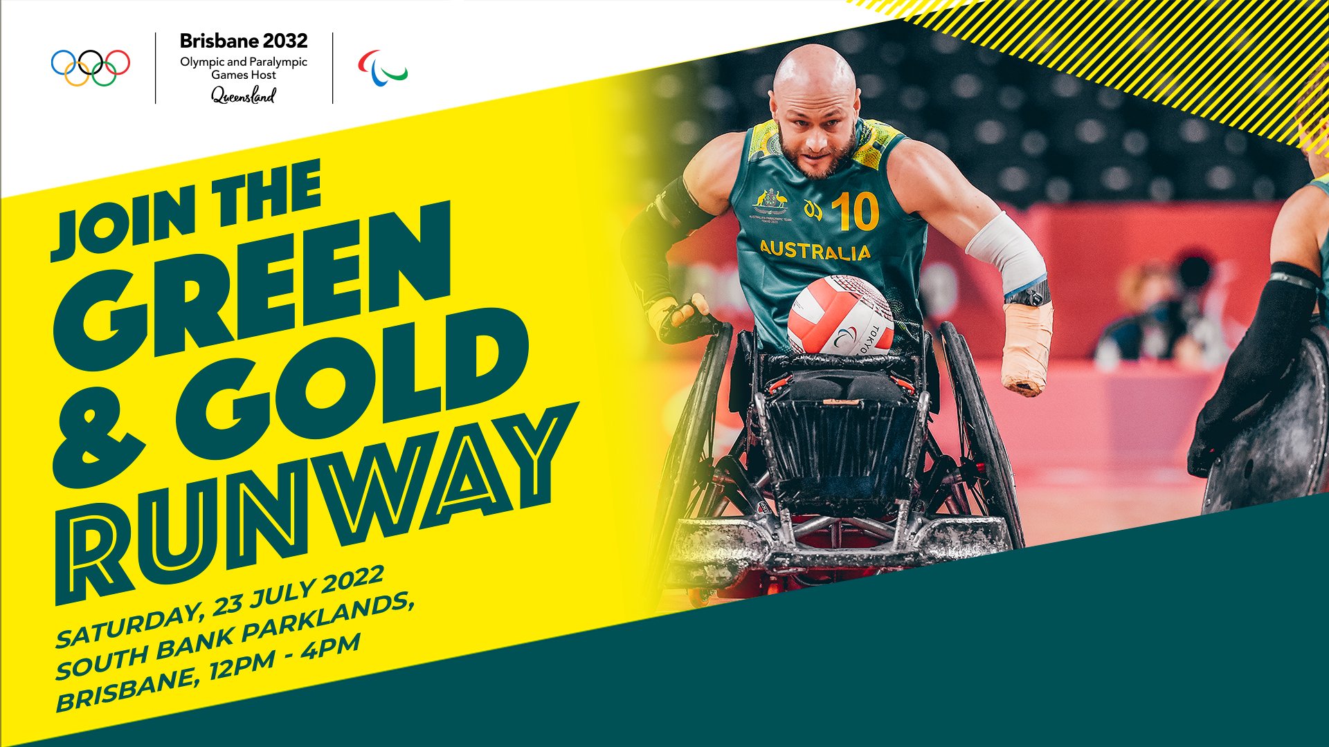 Text on image reads: join the green and gold runway. Start your Brisbane 2032 journey