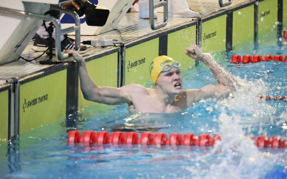 Australian Paralympian Tim Hodge celebrating a win in the pool at Madeira 2022 Para-swimming World Champs.