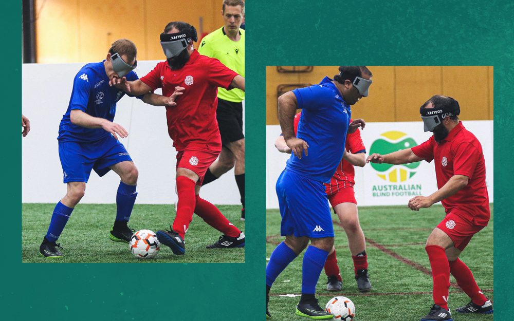 Two players participating in a game of Blind Football