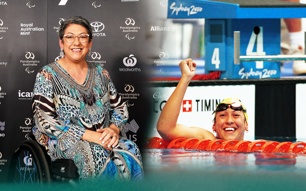 2 images of Australian Paralympian Priya Cooper. On the left she is smiling at an awards night. On the right she is in the pool with her right arm raised in celebration.