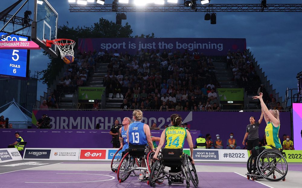 Action from a 3x3 wheelchair basketball match