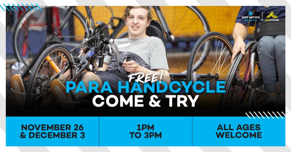 A young boy handcycling. Text reads: Free! Para handcycling come & try. November 26 & December 3, 1pm to 3pm, all ages welcome.