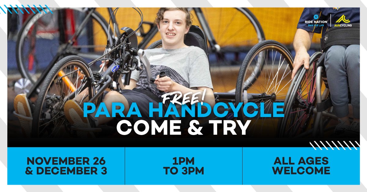 A young boy handcycling. Text reads: Free! Para handcycling come & try. November 26 & December 3, 1pm to 3pm, all ages welcome.