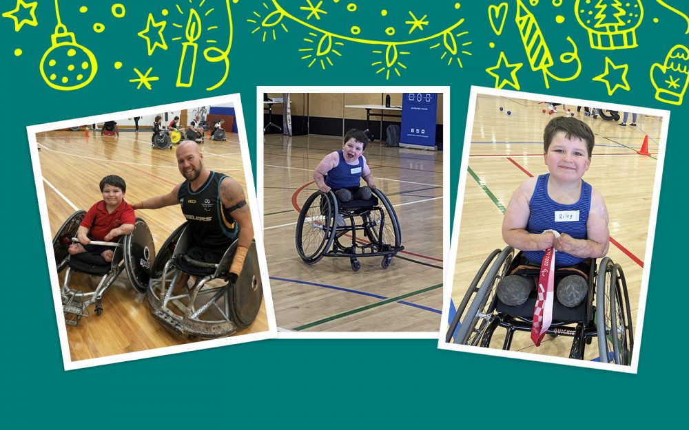 Three polaroid style photos on a green background. The three photos show a young wheelchair rugby player in a variety of action shots.