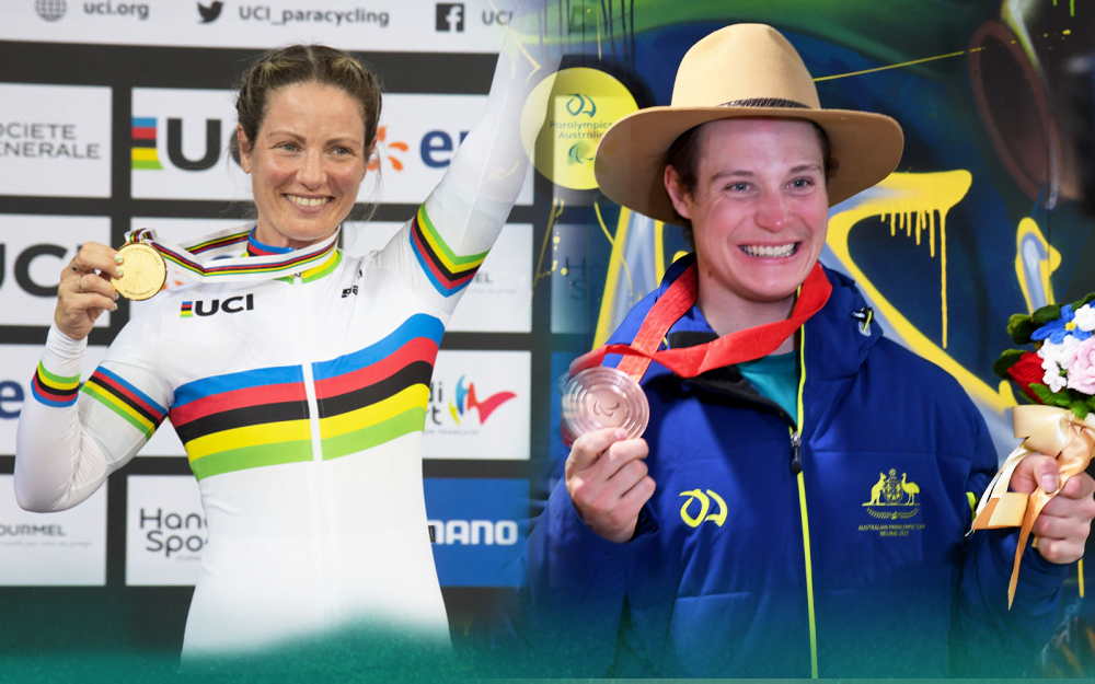 Australian Paralympians Emily Petricola and Ben Tudhope. They are both holding medals and smiling.