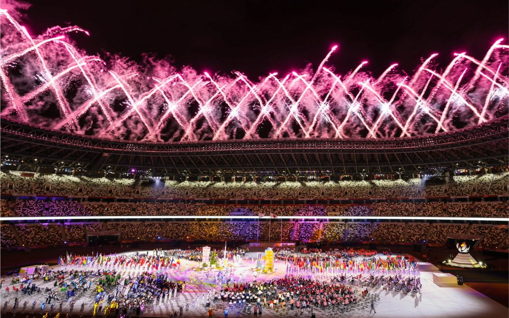 The stadium at the closing ceremony of Tokyo 2020 lit up with fireworks.