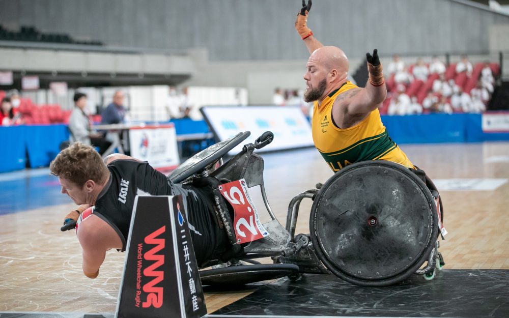 Australian Steelers wheelchair rugby player Ryley Batt defends a New Zealand opponent