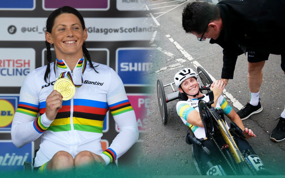 On the left is Australian Paralympian Lauren Parker smiling and holding a gold medal. On the right she is in her handcycle shaking hands with someone.