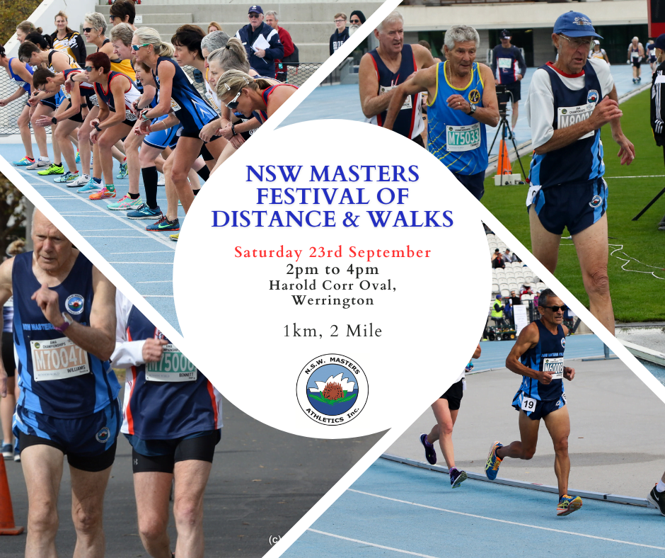 Various images of people running. Text on image reads: NSW Masters Festival of Distance & Walks. Saturday 23rd September, 2pm to 4pm, Harold Corr Oval, Werrington, 1km, 2 mile.