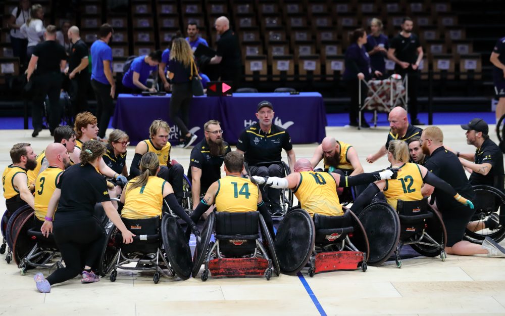 The Australian Steelers Wheelchair Rugby team in a huddle post-match