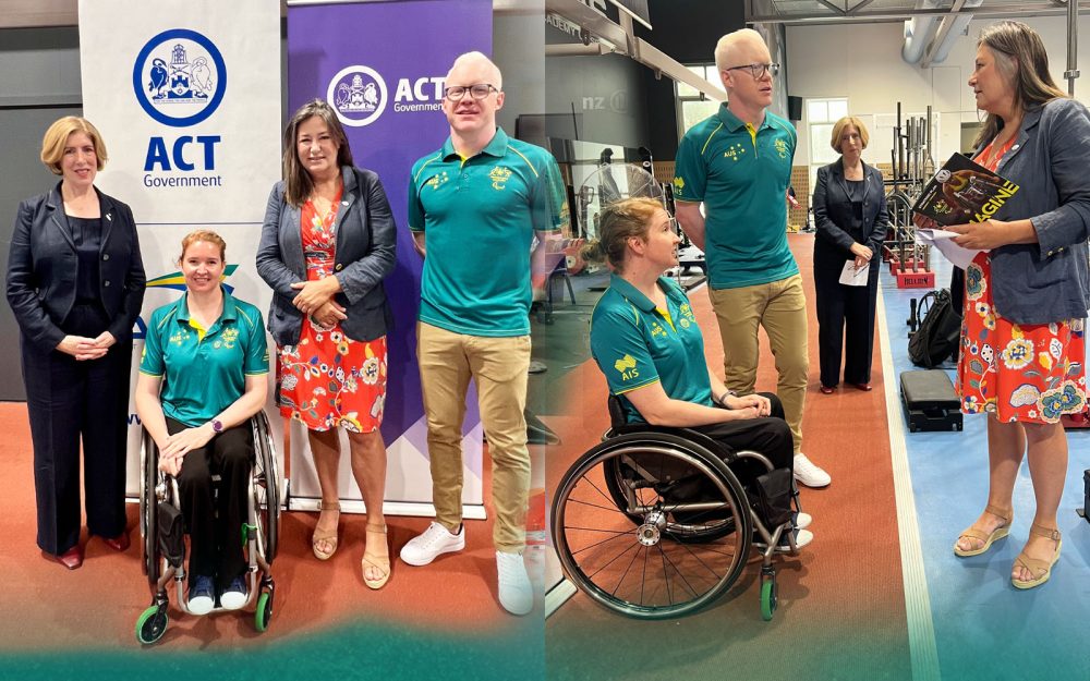 Australian Paralympians Angie Ballard and Chad Perris pictured with PA President Alison Creagh and Deputy Chief Minister Yvette Berry