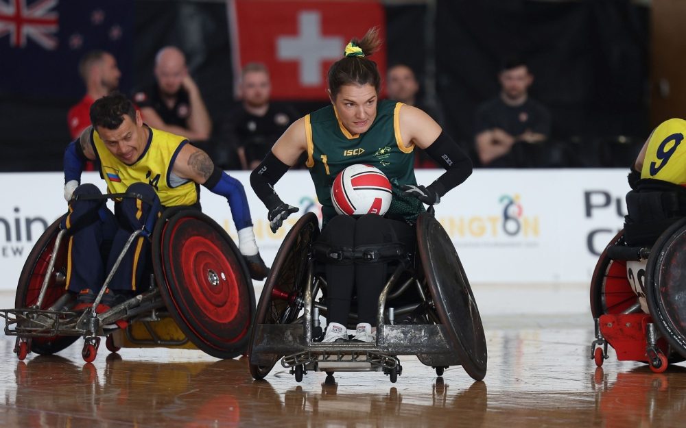 Ella Sabljak on the attack with the ball against Colombia.