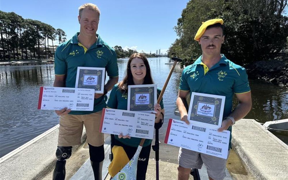 Curtis McGrath, Susan Seipel and Dylan Littlehales receive their Paris Paralympics Boarding Pass