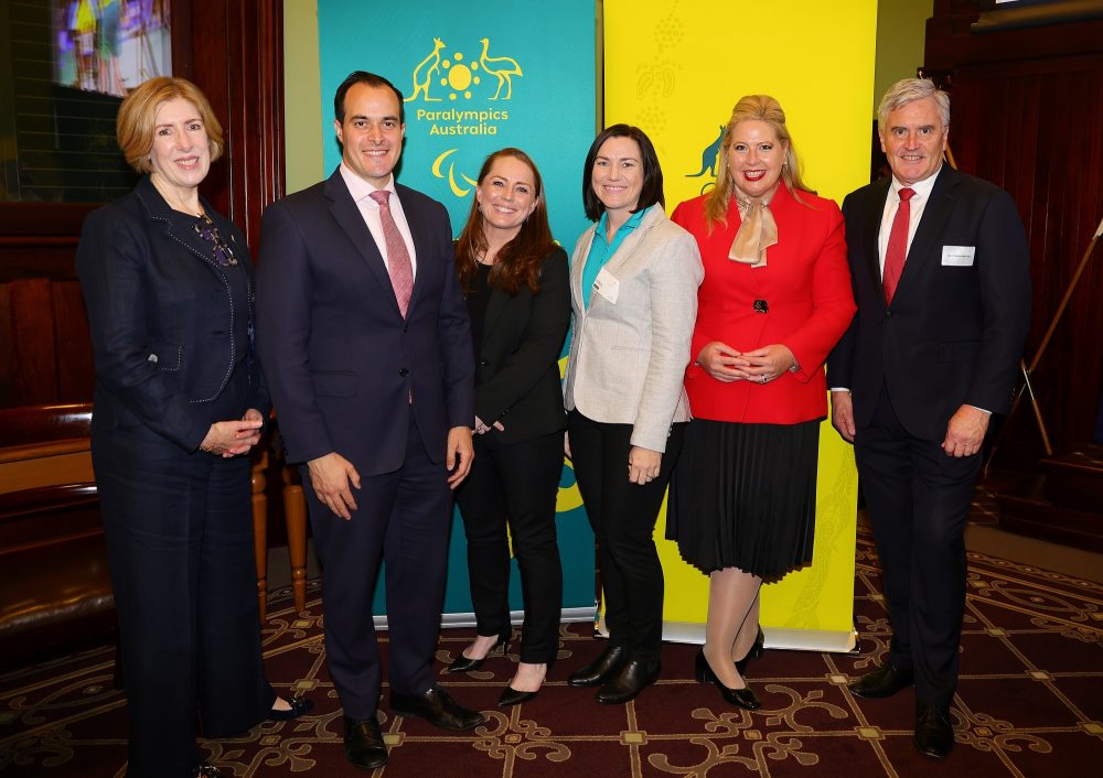 Para Aus President Alison Creagh, Hon Vincent Tarzia MP, Aus Para Team Chef de Mission Kate McLoughlin, Anna Meares, Aus Oly Team Chef de Mission, Hon Katrine Hildyard MP, Aus Oly Committee President Ian Chesterman at the launch of the bi-partisan Parliamentary Friends of the Olympic and Paralympic Movements in South Australia.