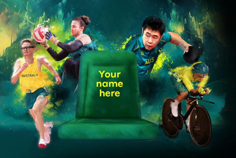 Virtual Seats image showing four athletes surround a green seat with the words Your name here printed on it