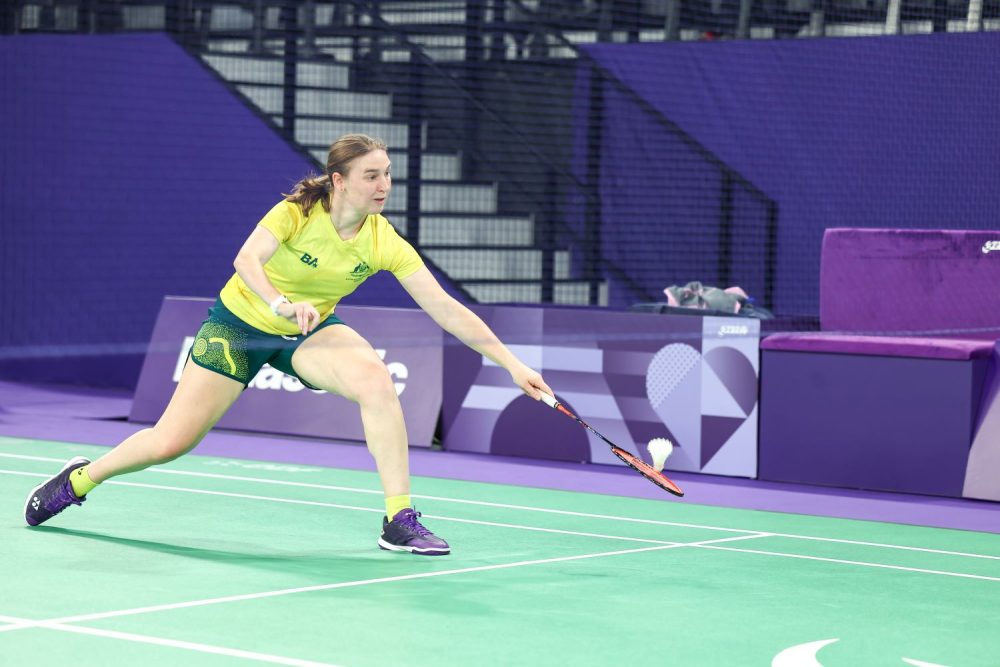 Para-badminton player Celine Vinot competing in Paris 2024.