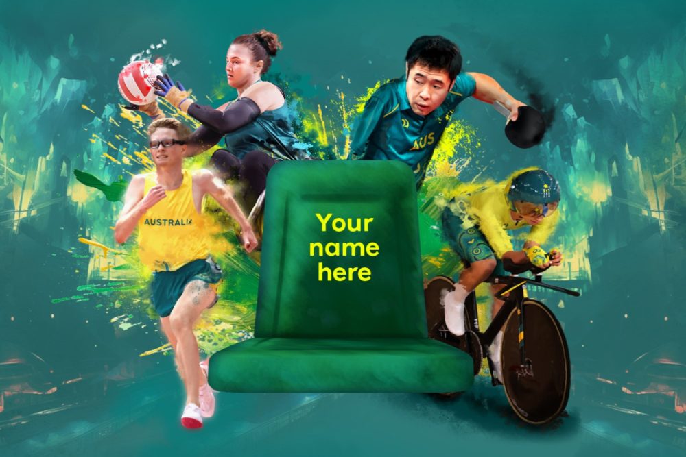 Image of green seat surrounded by athletes. Text on seat reads: Your name here