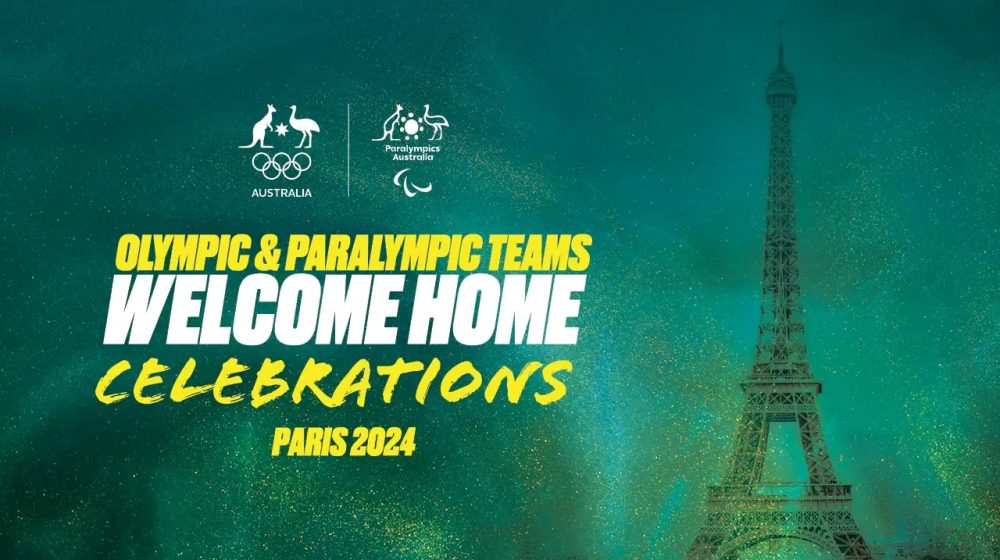 Image of Eiffel Tower with Australian Olympic Committee and Australian Paralympic Logo. Text reads Olympic & Paralympic Teams Welcome Home Celebrations Paris 2024
