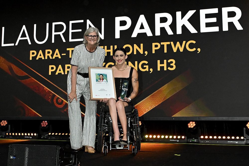 Paralympian of the Year Award Winner Lauren Parker on stage with Her Excellency the Hon Sam Mostyn Governor General of Australia.