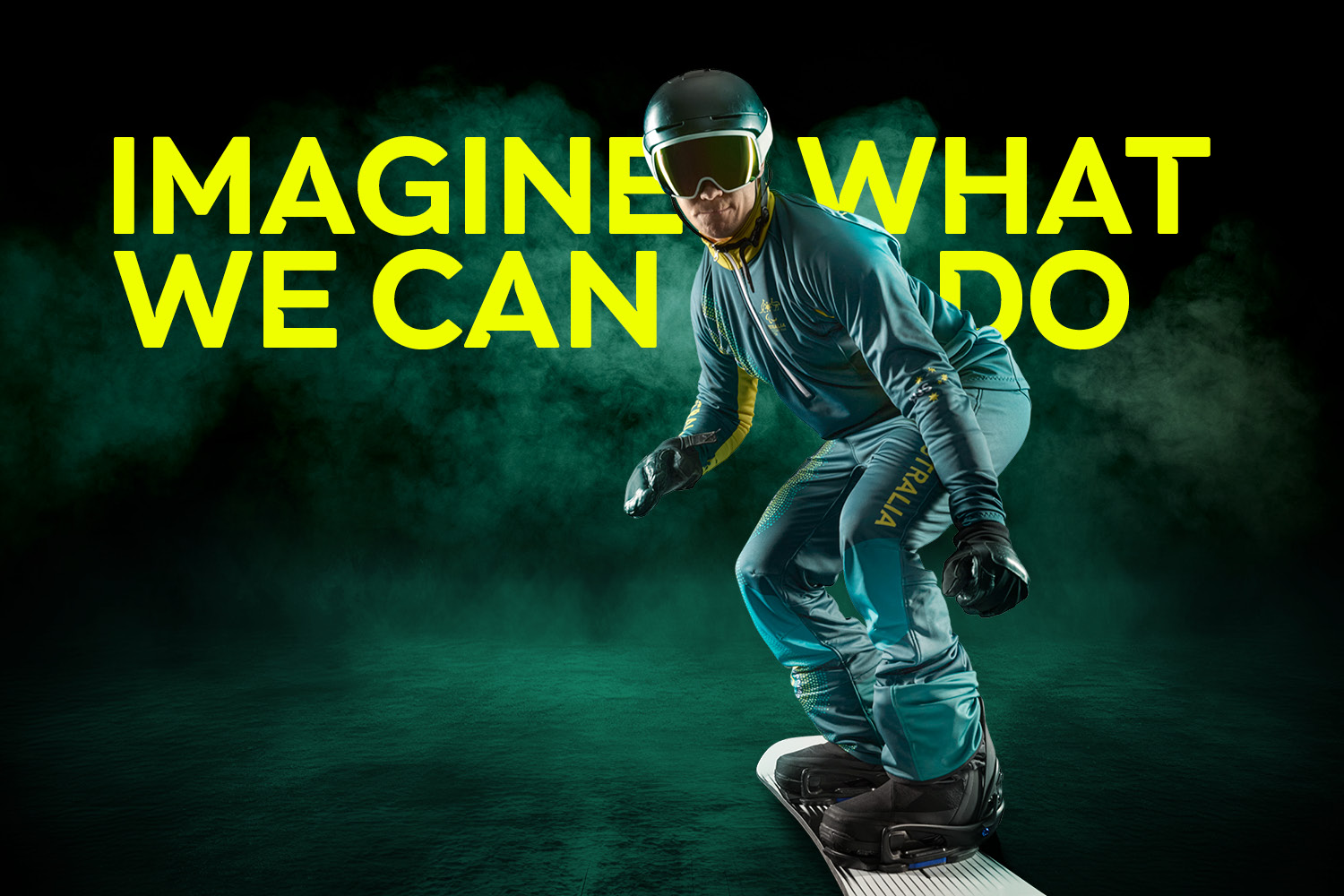 Paralympian Ben Tudhope posing on his snowboard. Text reads: Imagine What We Can Do