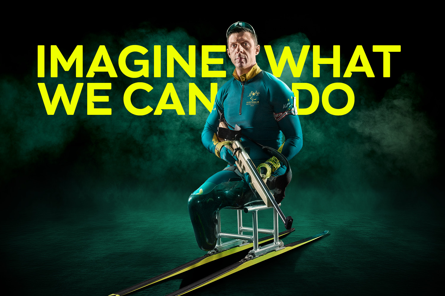 Para-biathlon athlete Dave Miln holds his rifle whilst on his sit ski. Text reads: Imagine What We Can Do