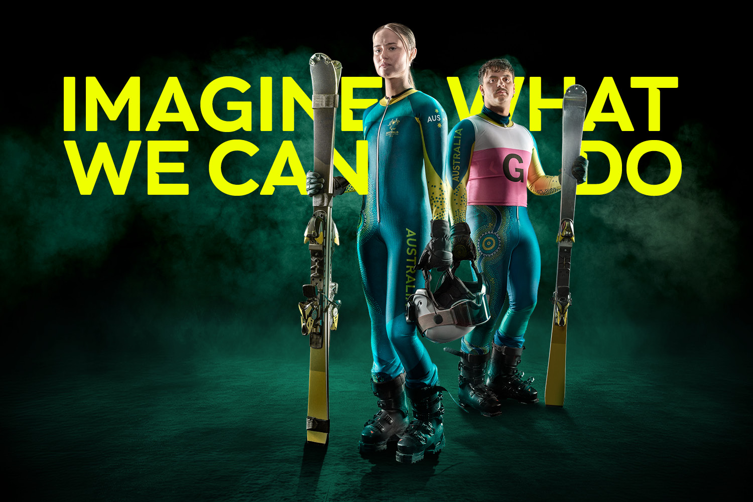 Para-alpine skiier Georgia Gunew with her Guide Ethan Jackson. Text reads: Imagine What We Can Do