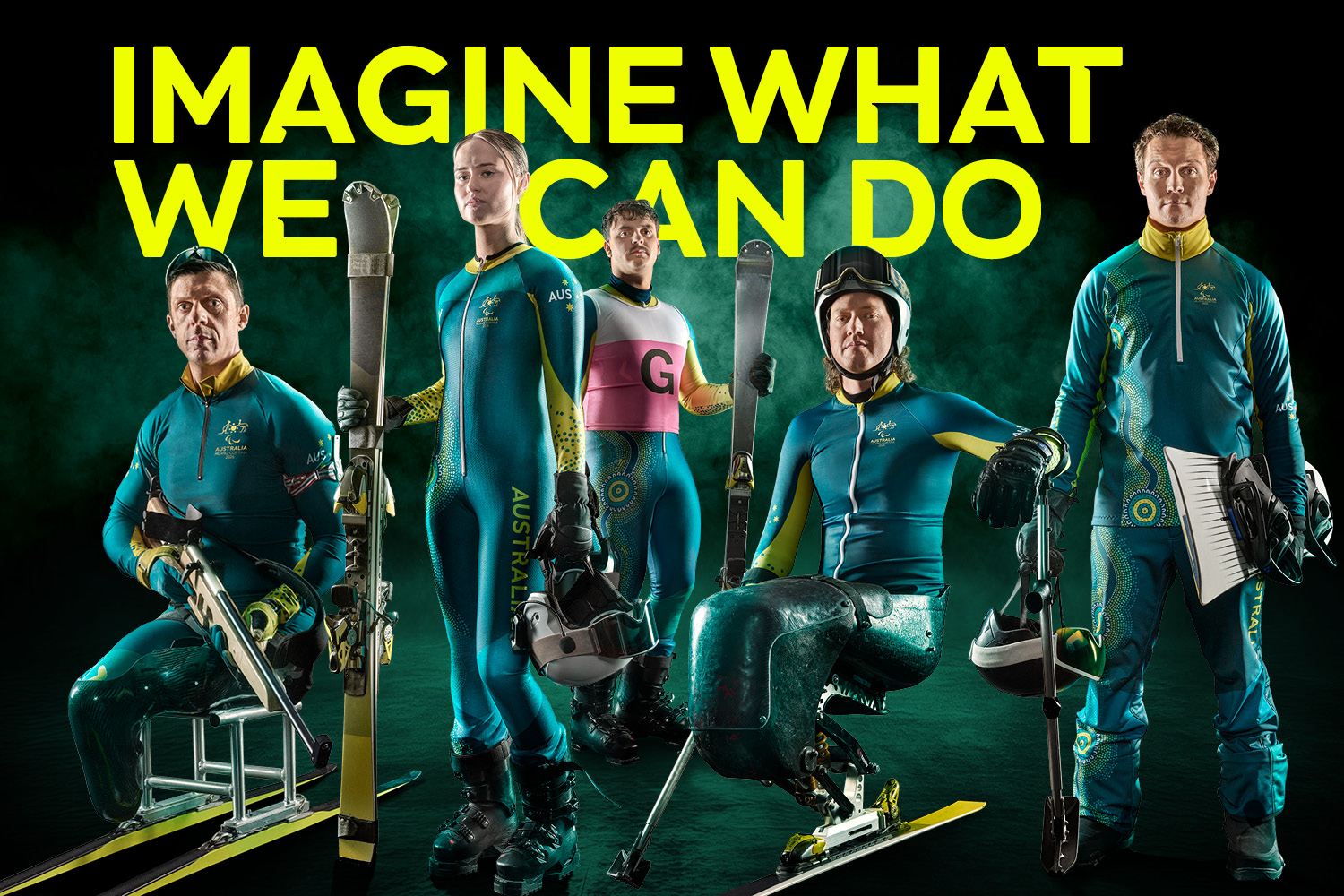 A group of Winter Paralympians pose under the text: Imagine What We Can Do