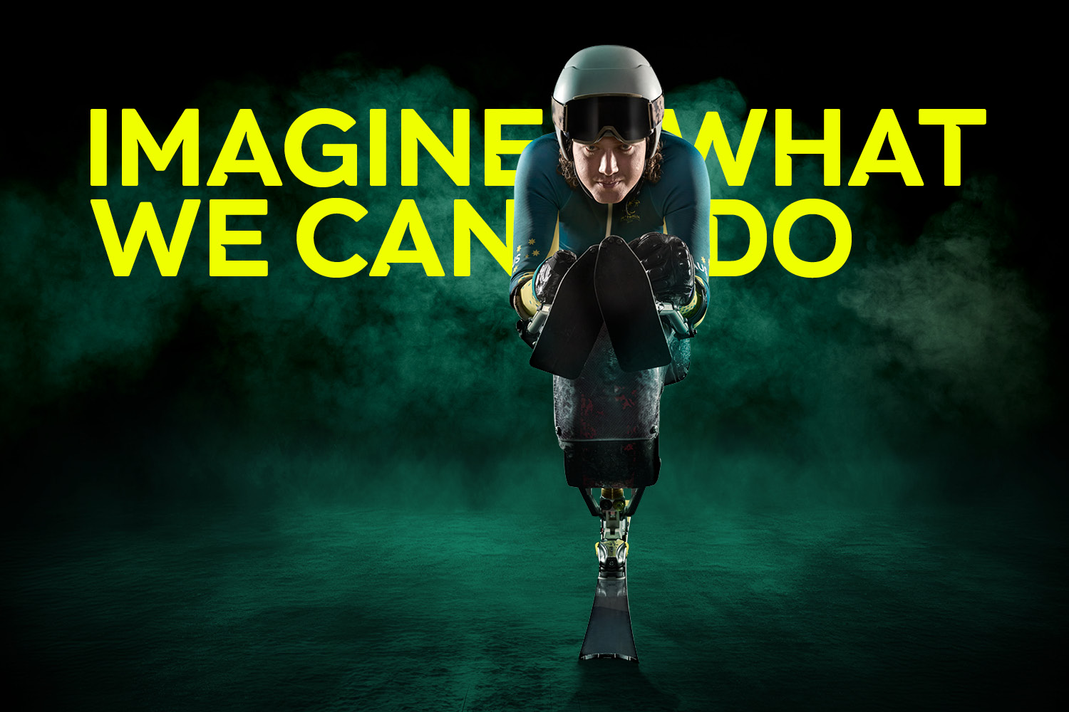 Paralympian Josh Hanlon poses on his sit ski. Text reads: Imagine What We Can Do